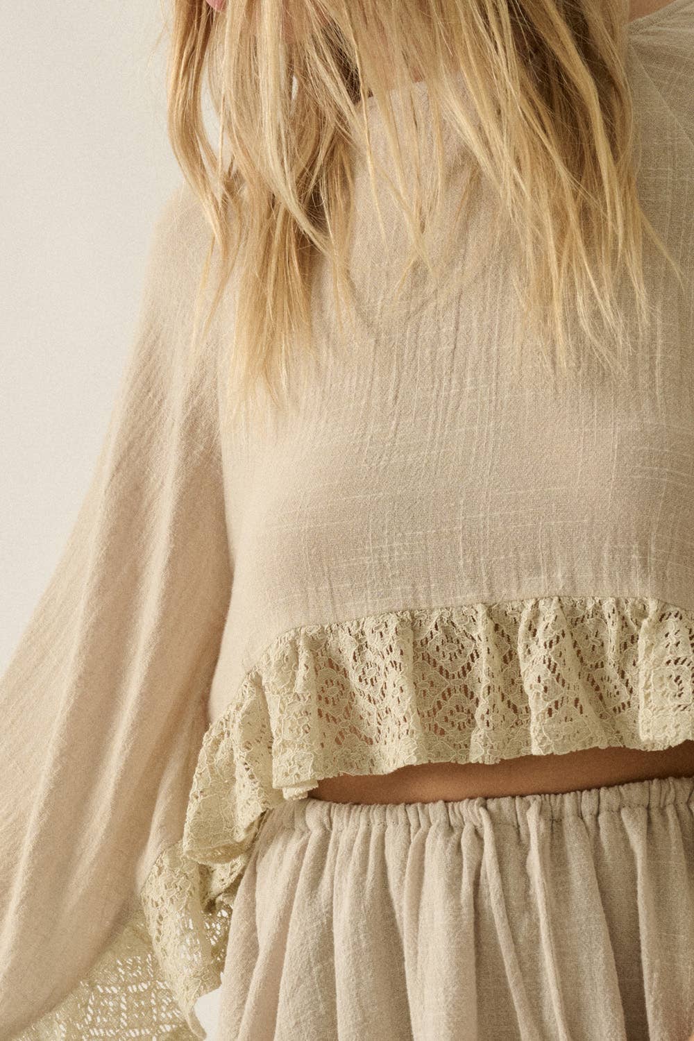 Cotton Gauze and Crochet Lace Ruffle Bell-Sleeve Cropped Top