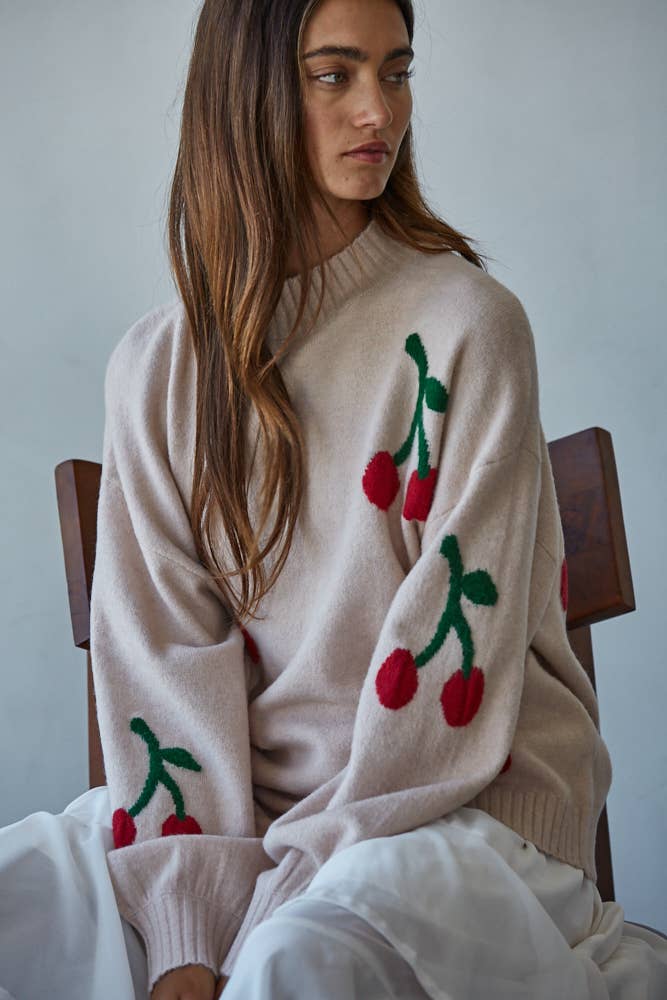 Cherry Detail Mock Neck Sweater