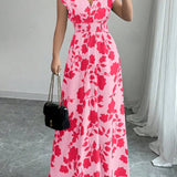 Smocked Waist Cap Sleeve Floral Print Maxi Dress