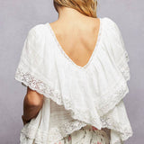 Lace Trim V Ruffle Detail Textured Woven Short Sleeve Top