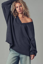 Raw Edge V-Neck Oversized Sweatshirt