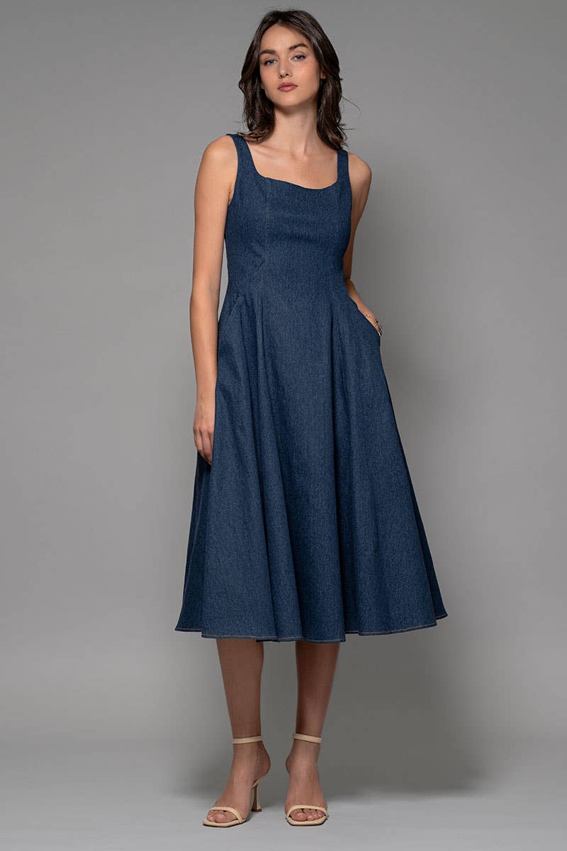 Square Neck Denim A-Line Midi Dress