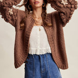 Hand Knit Floral Bobble Sleeve Cardigan LSW1097
