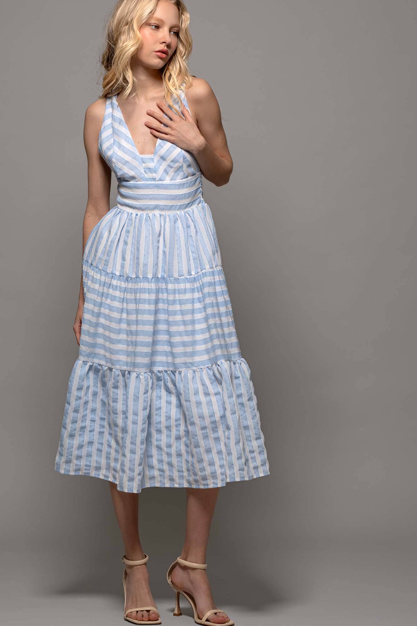 Textured Stripe Cross-Back Tiered Dress
