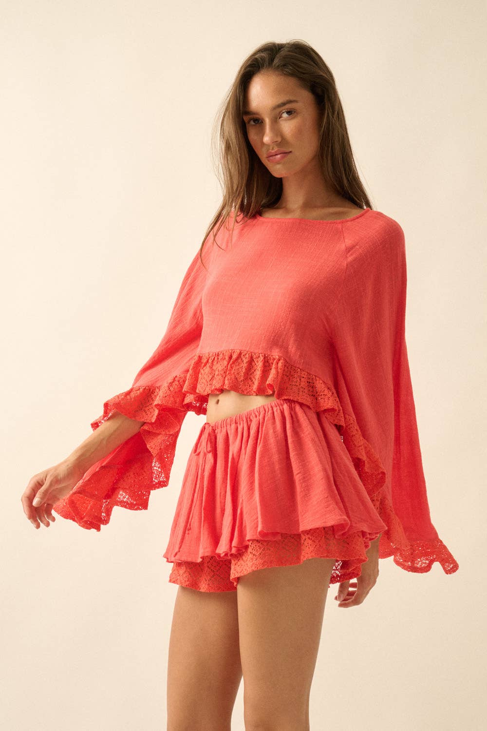 Cotton Gauze and Crochet Lace Gathered Drawstring Skort