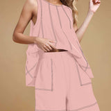 Casual Summer Contrast Stitch Tank Top And Shorts Set