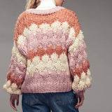 Chevron Chunky Knit Cardigan – Balloon Sleeves, Cropped Fit