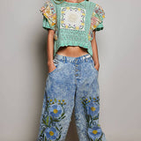 Vintage Floral Artisan Embroidered Twill Jogger Pants