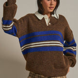 Striped Rugby Polo Sweater With Contrast Collar