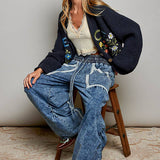 Multicolor Floral Embroidery PEACE Letter Knit Cardigan