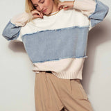 Colorblock Denim Patchwork Knit Sweater