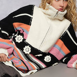 High Collar Half Zipper Ethnic Color Block Pullover Sweater
