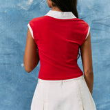 USA FLAG EMBO COLLARED EYELET DETAIL KNIT CROP TOP