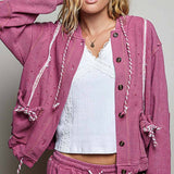 Vintage Washing Solid Laser Cut Thermal Knit Hoodies Top