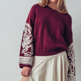 Embroidered Sleeve Ivory Knit Sweater