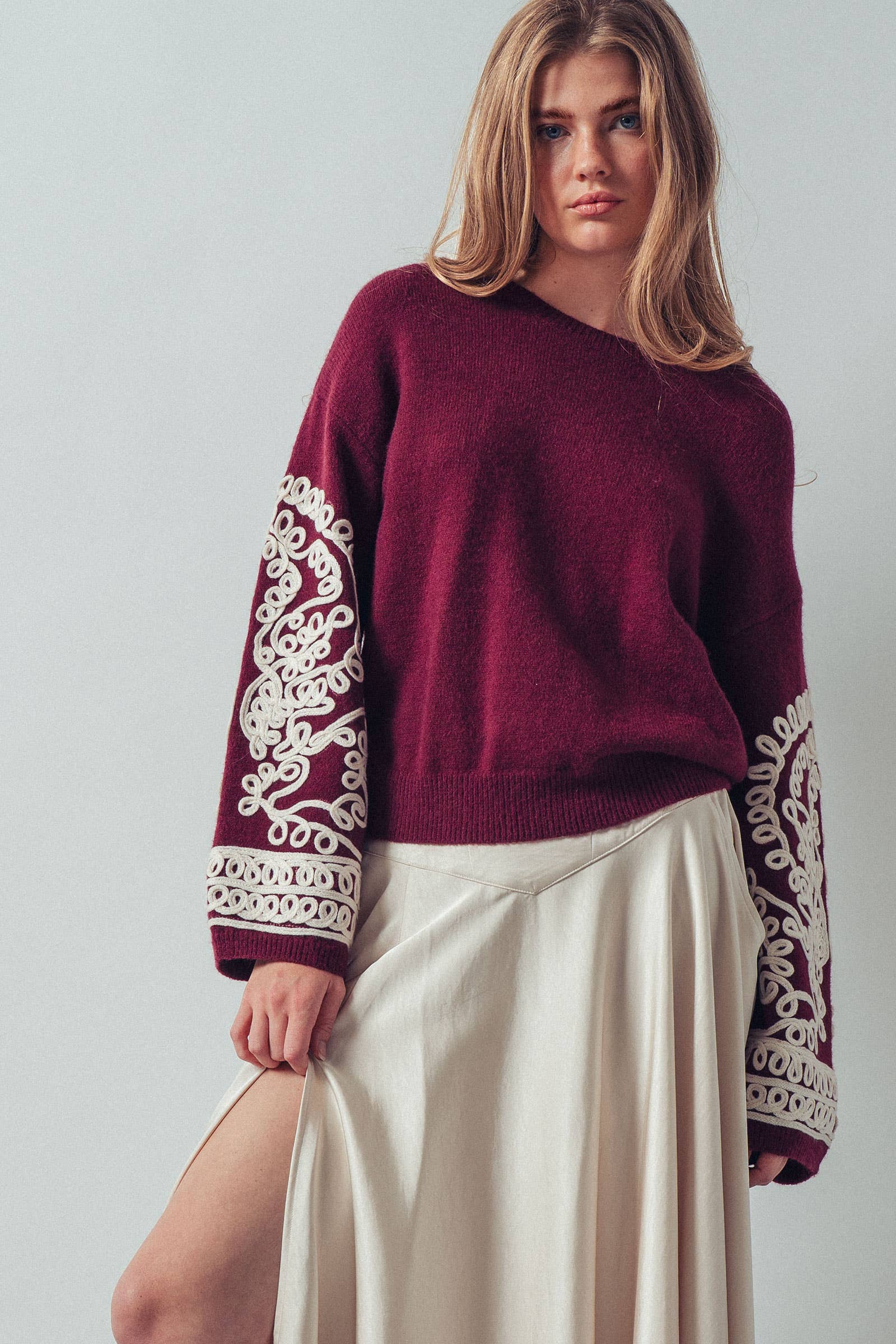 Embroidered Sleeve Ivory Knit Sweater