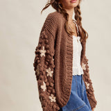 Hand Knit Floral Bobble Sleeve Cardigan LSW1097