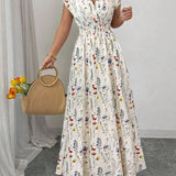 Smocked Waist Cap Sleeve Floral Print Maxi Dress