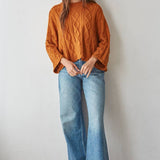 Quarter Sleeve Loose Cable Knit Sweater