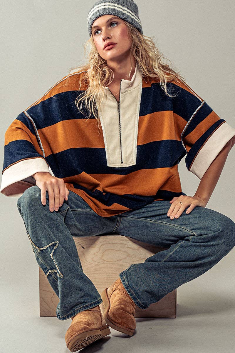 Half-Zip Bold Stripe Sweatshirt