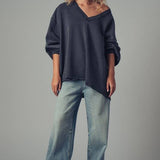 Raw Edge V-Neck Oversized Sweatshirt