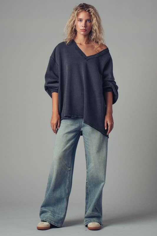 Raw Edge V-Neck Oversized Sweatshirt