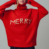 Textured "Merry" Graphic Boxy Turtleneck