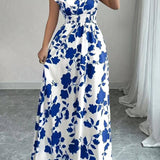 Smocked Waist Cap Sleeve Floral Print Maxi Dress