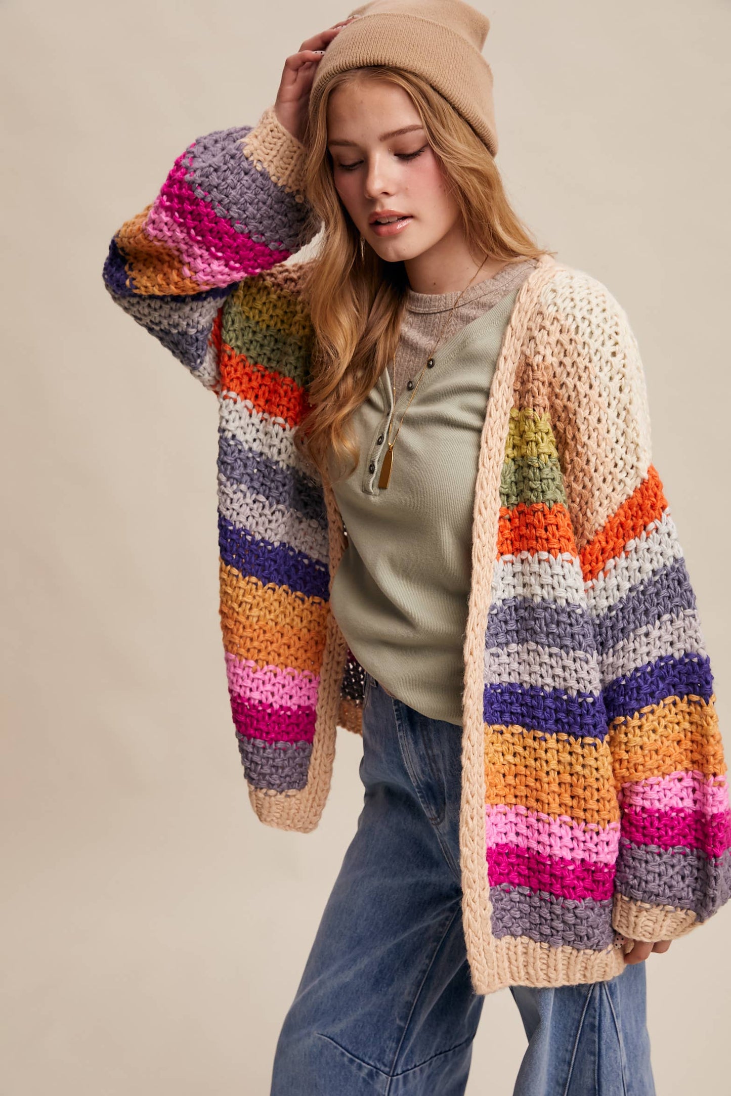 Rainbow Hand-Crochet Open Cardigan