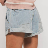 Spring Elastic Waist Cuffed Print Shorts