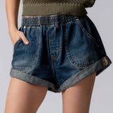 Spring Elastic Waist Cuffed Print Shorts