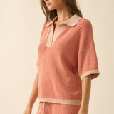 Striped Rib-Knit Collared Split-Neck Top