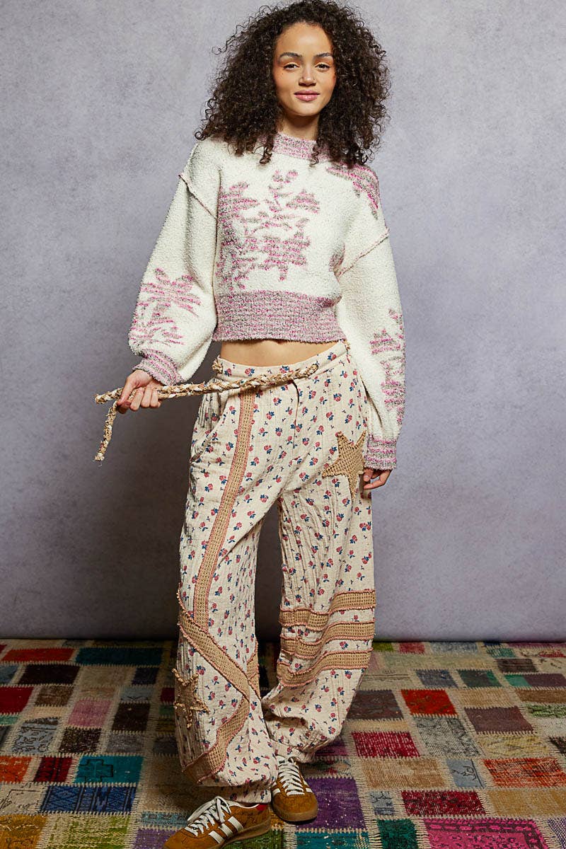 Mock Neck Lime & Cream Cropped Sweater