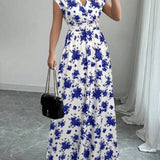 Smocked Waist Cap Sleeve Floral Print Maxi Dress