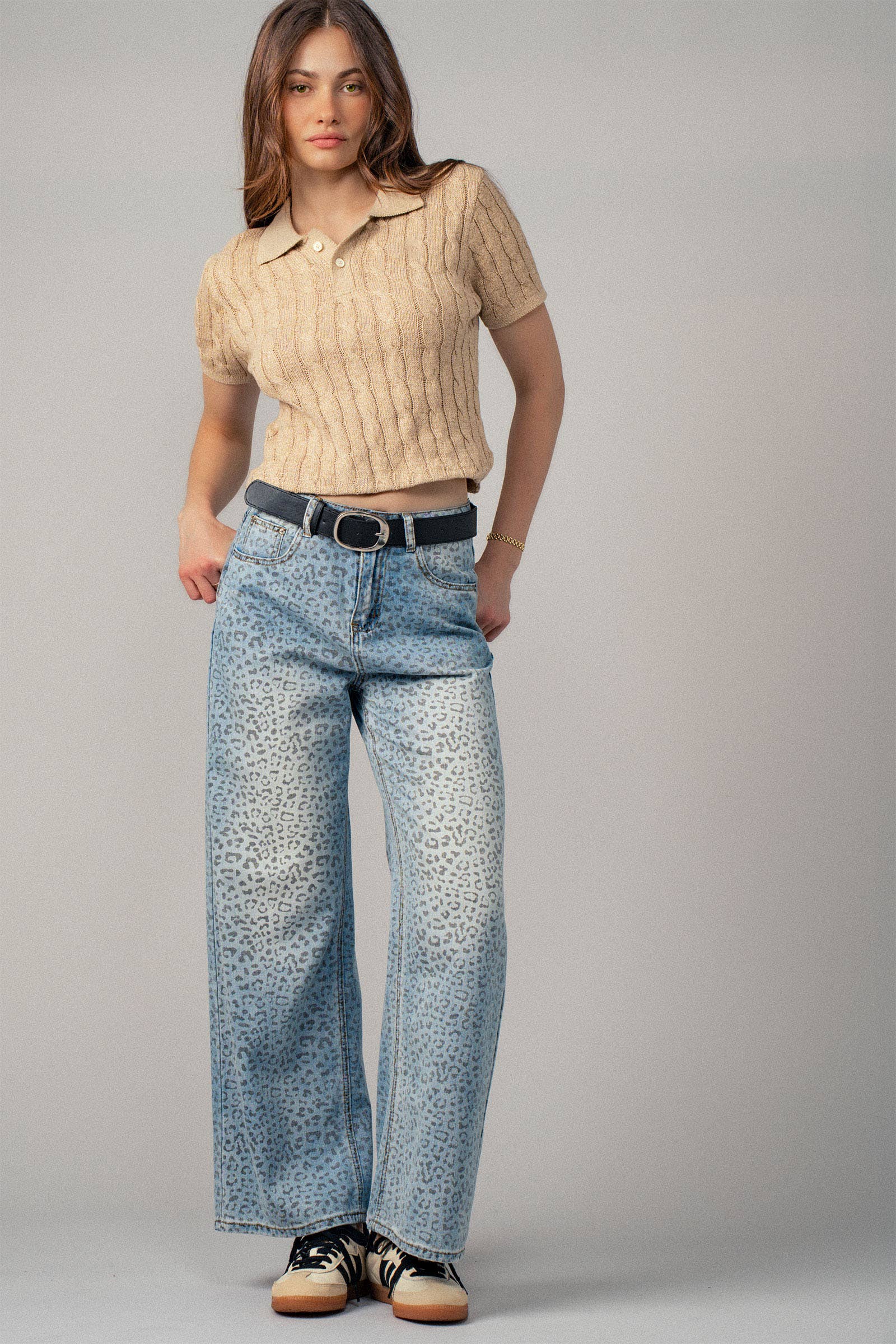 Leopard Print Wide-Leg Denim Pants