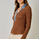 61698 Denim Mix Textured Knit Henley Top