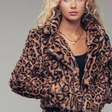 Cropped Faux Fur Leopard Print Bomber Jacket