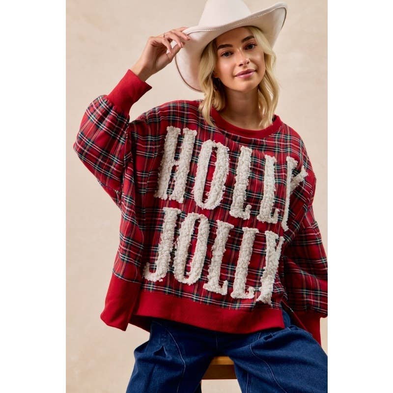 "Holly Jolly" Plaid Oversized Sweatshirt