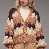 Chevron Chunky Knit Cardigan – Balloon Sleeves, Cropped Fit