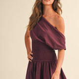 ID9559  OFF SHOULDER SMOCKED WAIST MINI DRESS
