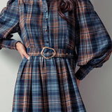 Plaid Belted Layered Button Down Balloon Sleeve Maxi Dress