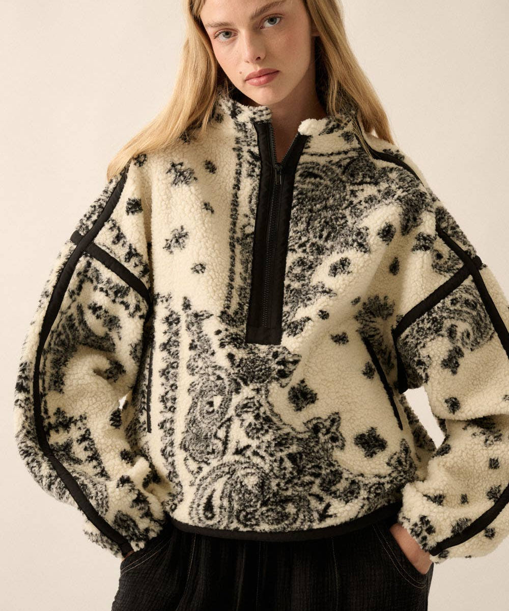 Floral Sherpa Fleece Half-Zip Pullover Jacket