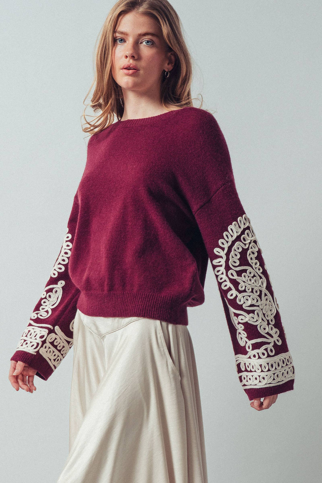 Embroidered Sleeve Ivory Knit Sweater