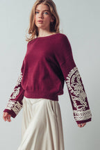 Embroidered Sleeve Ivory Knit Sweater