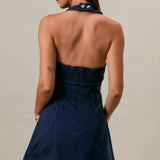 HALTER NECK SEAM DETAIL DENIM MINI DRESS