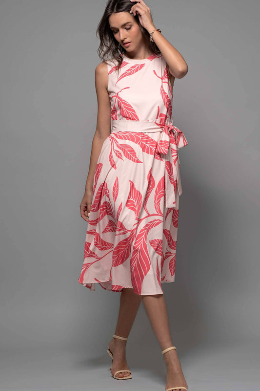 Tropical Leaf Print Belted A-Line Midi Dress