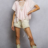 Lace Trim V Ruffle Detail Textured Woven Short Sleeve Top