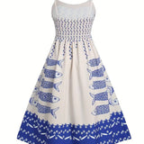 Mackerel print smocked sundress seaside ocean strap dress
