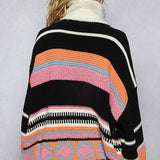 High Collar Half Zipper Ethnic Color Block Pullover Sweater