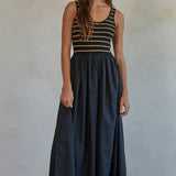 Knit Striped Ribbed Bodice Flare Dress